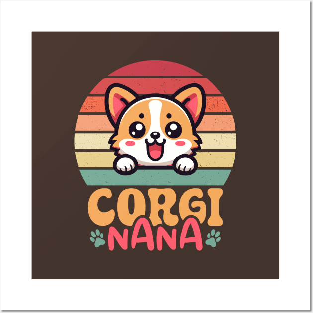 Corgi Nana Kawaii Peeking Dog Vintage Sunset Grandma Wall Art by Cuteness Klub